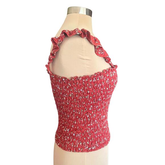 Lucky Brand Red Ditsy Floral Ruffled Crop Smocked Cami Tank LARGE Y2K Coquette - Picture 5 of 9